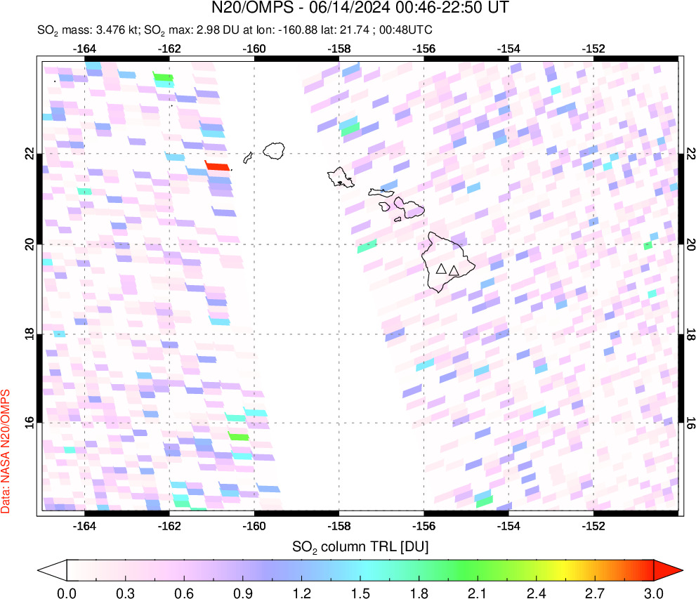 A sulfur dioxide image over Hawaii, USA on Jun 14, 2024.