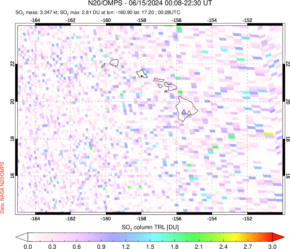 A sulfur dioxide image over Hawaii, USA on Jun 15, 2024.