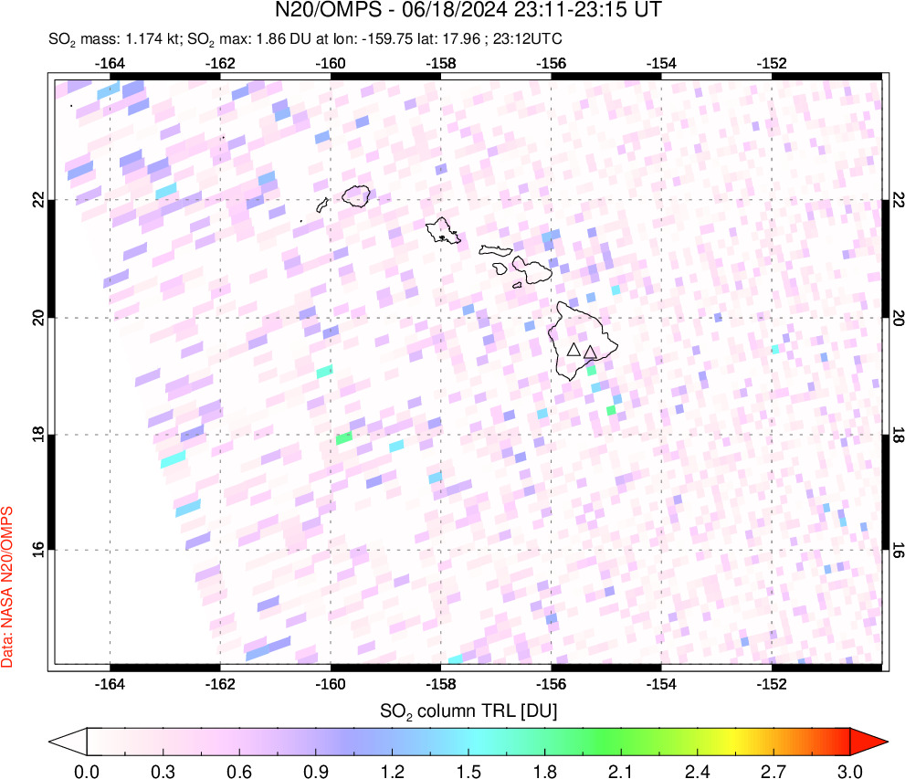 A sulfur dioxide image over Hawaii, USA on Jun 18, 2024.