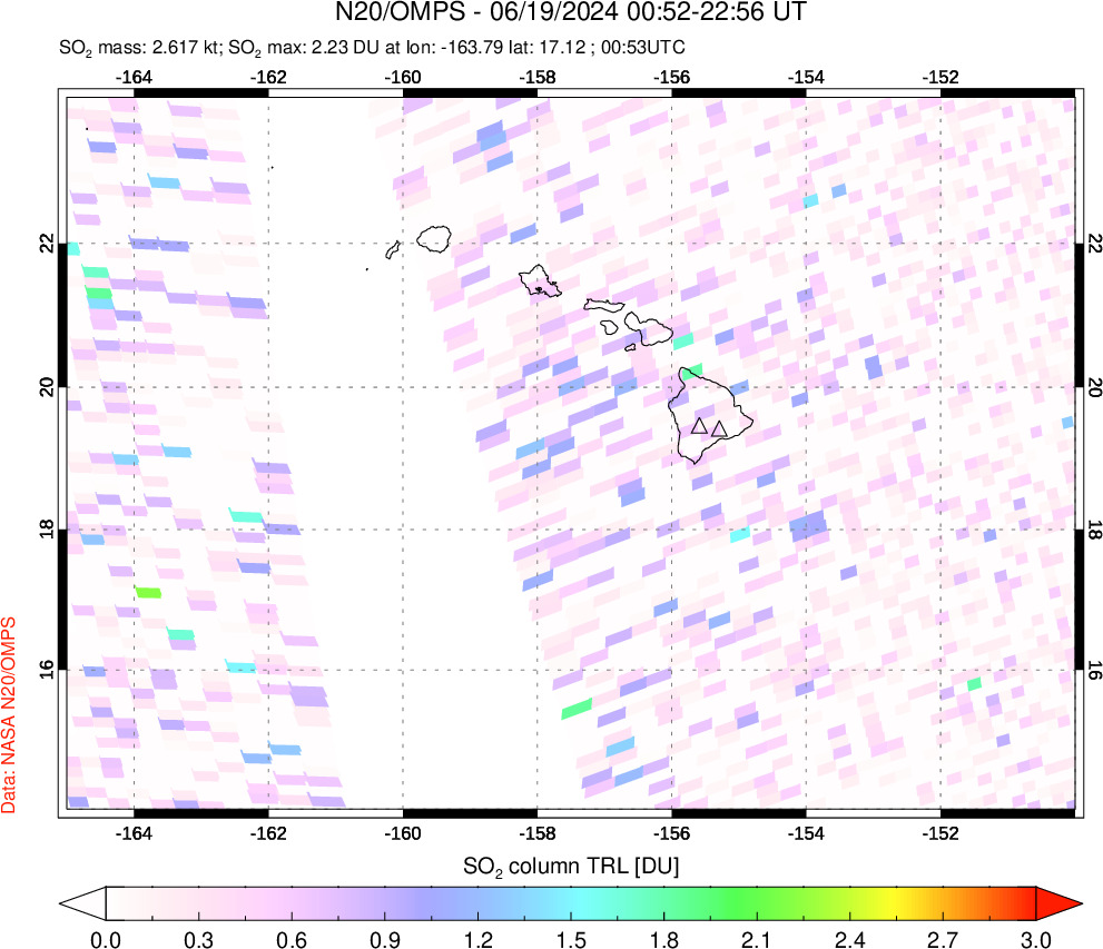 A sulfur dioxide image over Hawaii, USA on Jun 19, 2024.