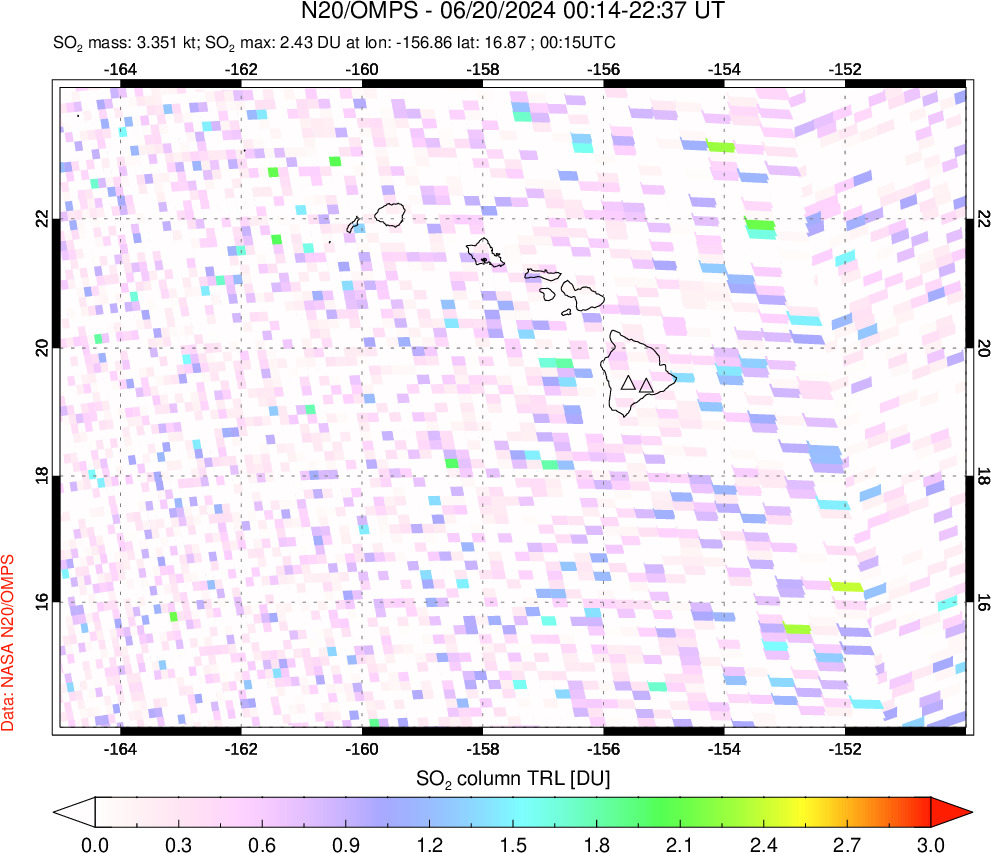 A sulfur dioxide image over Hawaii, USA on Jun 20, 2024.