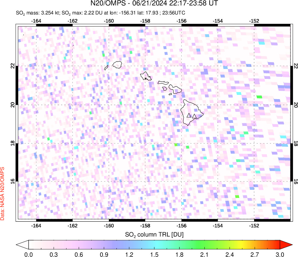 A sulfur dioxide image over Hawaii, USA on Jun 21, 2024.