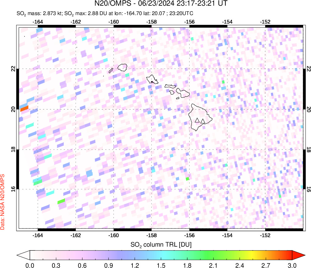 A sulfur dioxide image over Hawaii, USA on Jun 23, 2024.