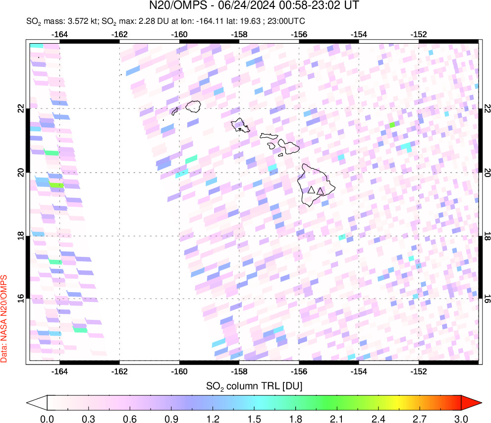 A sulfur dioxide image over Hawaii, USA on Jun 24, 2024.