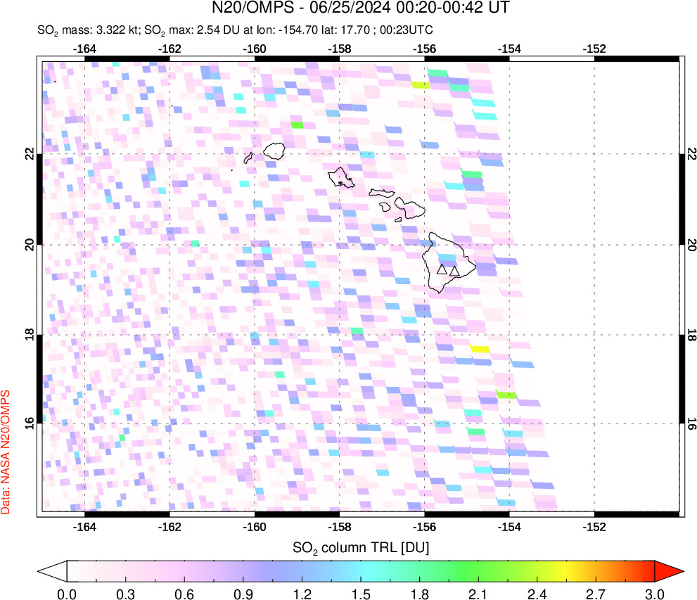 A sulfur dioxide image over Hawaii, USA on Jun 25, 2024.