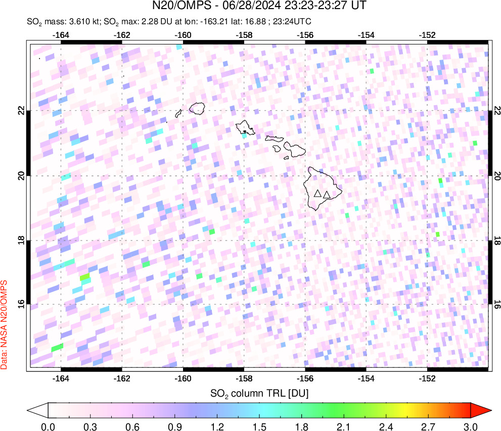 A sulfur dioxide image over Hawaii, USA on Jun 28, 2024.