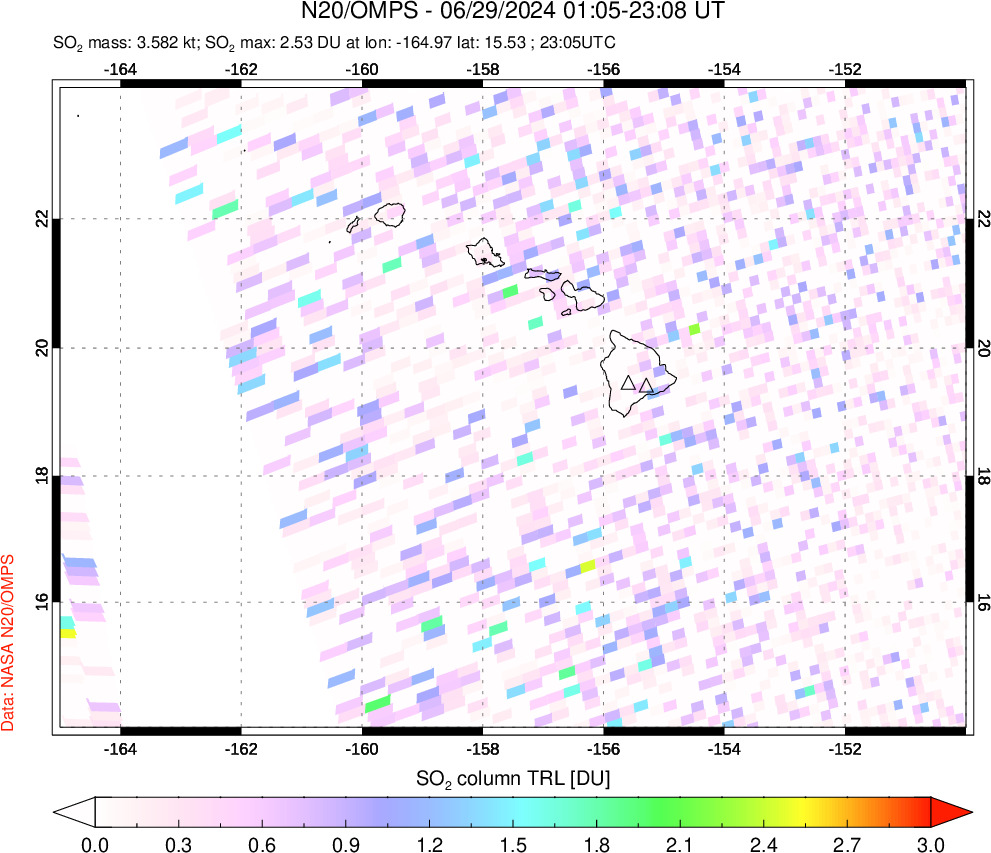 A sulfur dioxide image over Hawaii, USA on Jun 29, 2024.