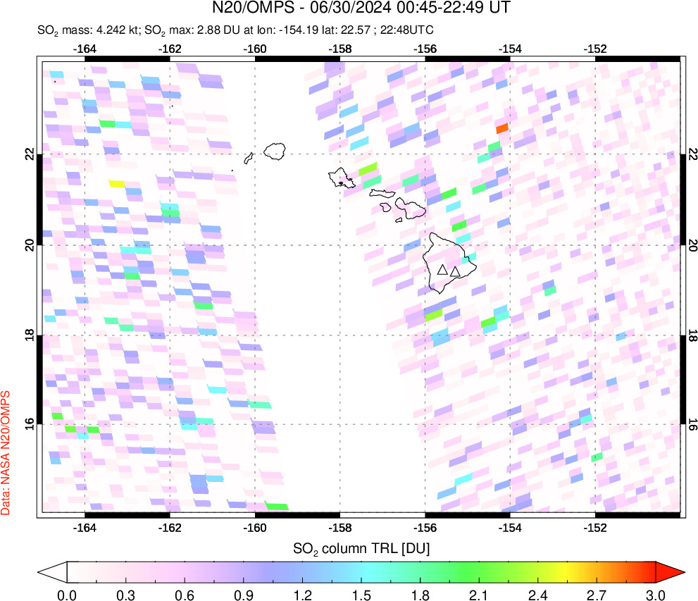 A sulfur dioxide image over Hawaii, USA on Jun 30, 2024.