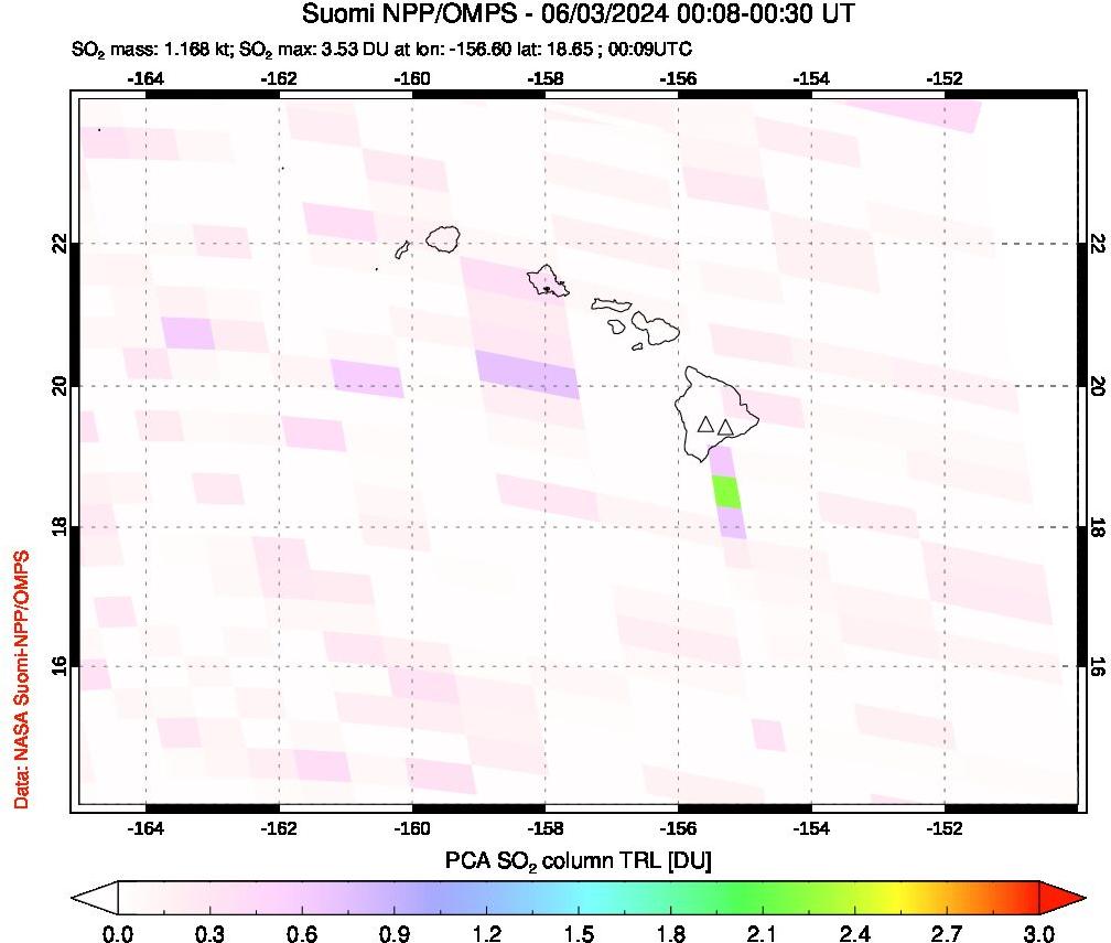 A sulfur dioxide image over Hawaii, USA on Jun 03, 2024.