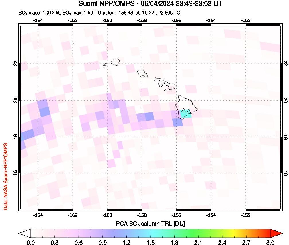 A sulfur dioxide image over Hawaii, USA on Jun 04, 2024.