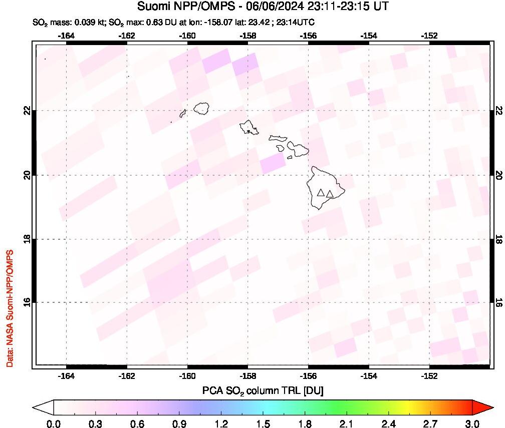 A sulfur dioxide image over Hawaii, USA on Jun 06, 2024.