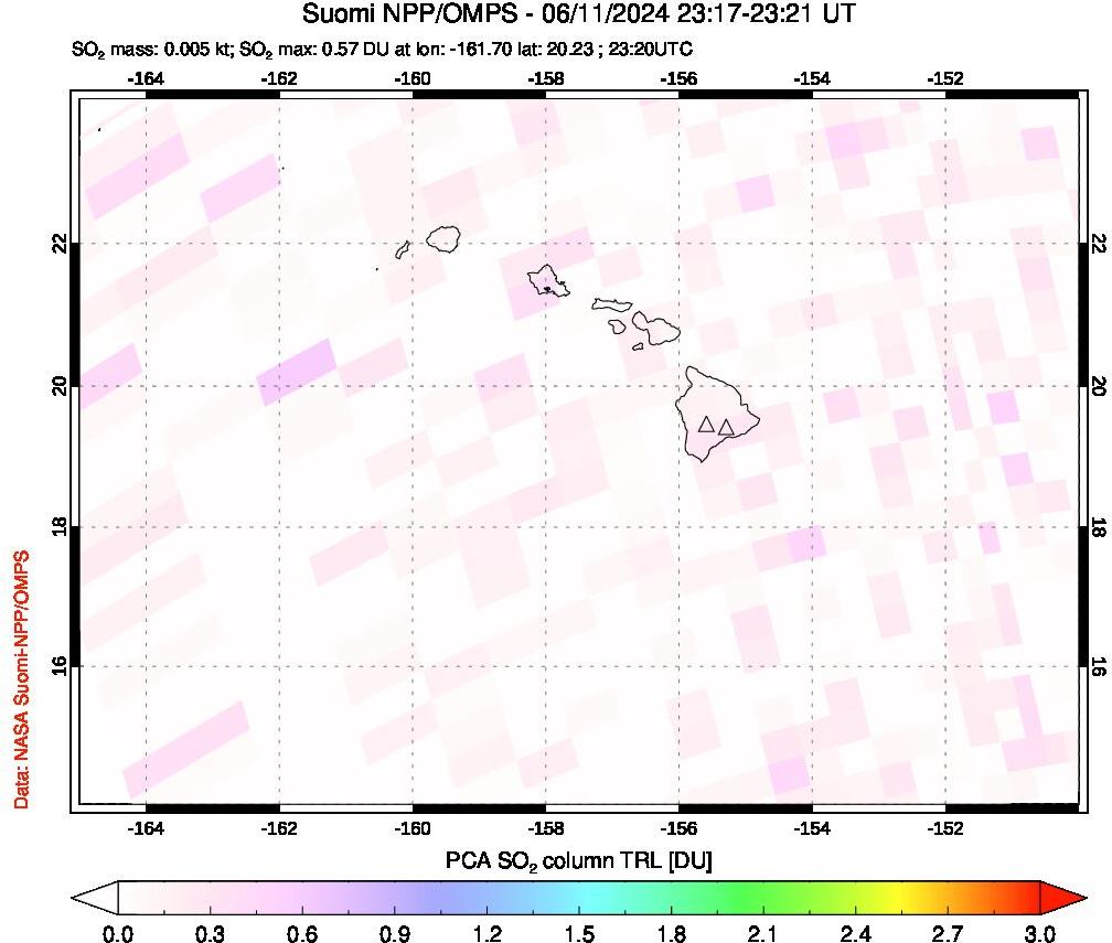 A sulfur dioxide image over Hawaii, USA on Jun 11, 2024.