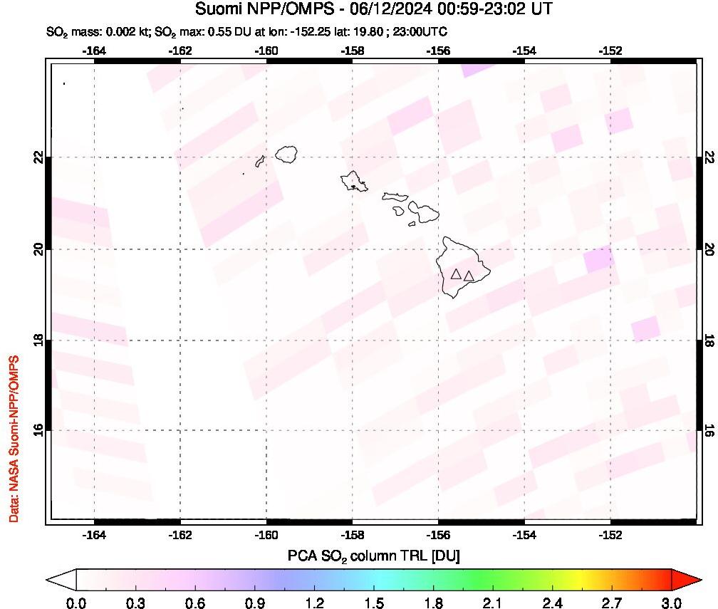 A sulfur dioxide image over Hawaii, USA on Jun 12, 2024.