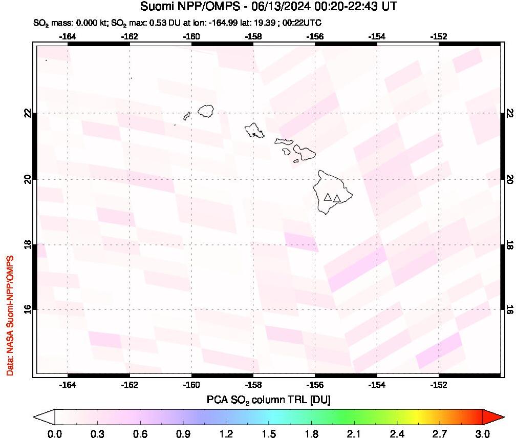 A sulfur dioxide image over Hawaii, USA on Jun 13, 2024.