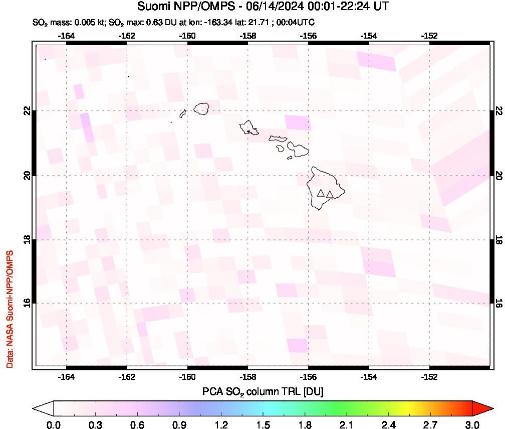 A sulfur dioxide image over Hawaii, USA on Jun 14, 2024.