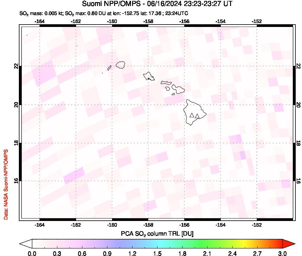 A sulfur dioxide image over Hawaii, USA on Jun 16, 2024.