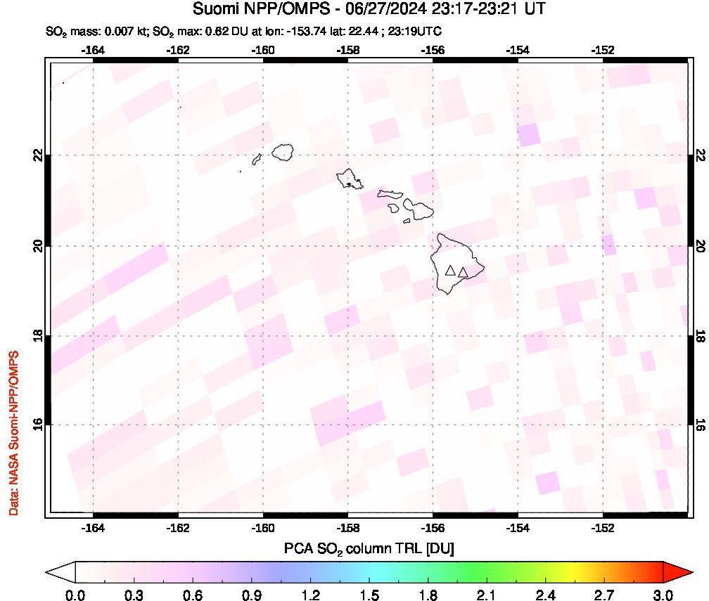 A sulfur dioxide image over Hawaii, USA on Jun 27, 2024.