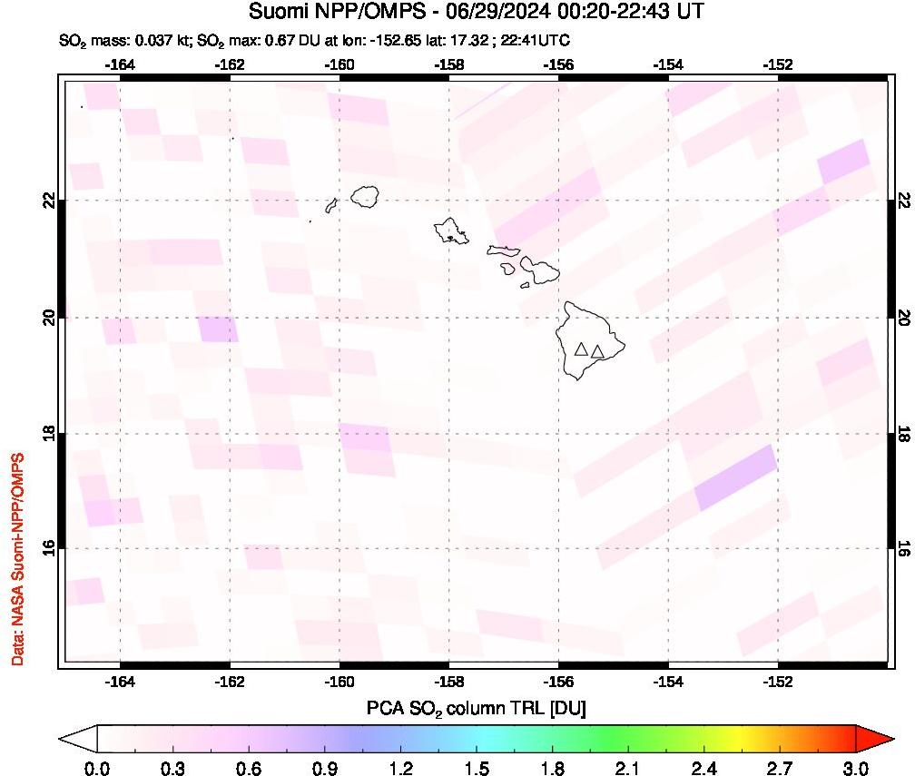 A sulfur dioxide image over Hawaii, USA on Jun 29, 2024.