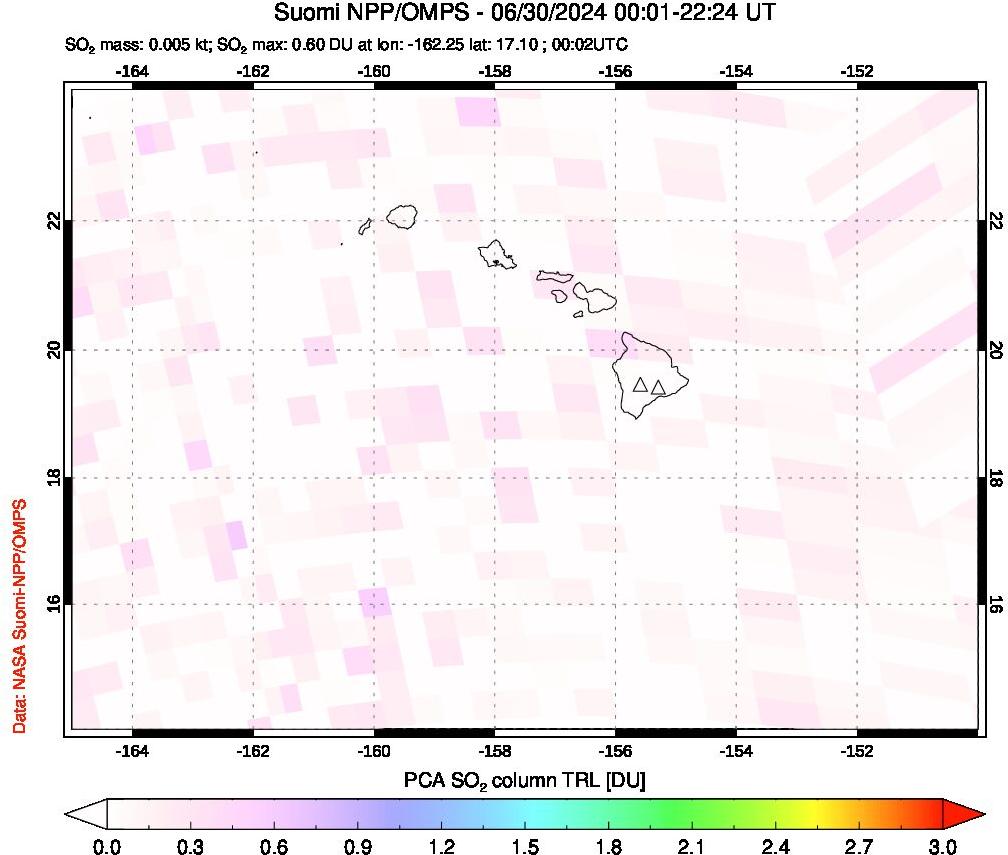 A sulfur dioxide image over Hawaii, USA on Jun 30, 2024.