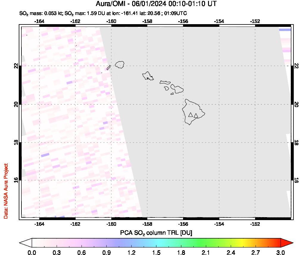 A sulfur dioxide image over Hawaii, USA on Jun 01, 2024.