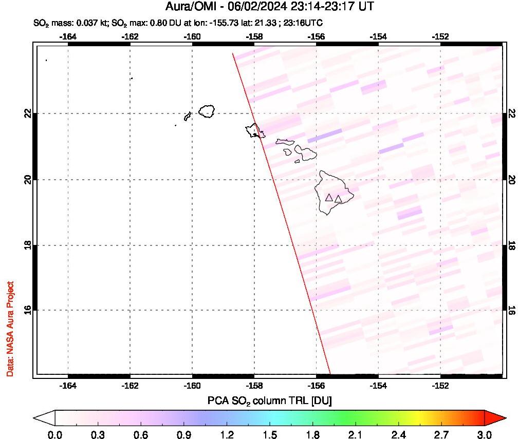 A sulfur dioxide image over Hawaii, USA on Jun 02, 2024.