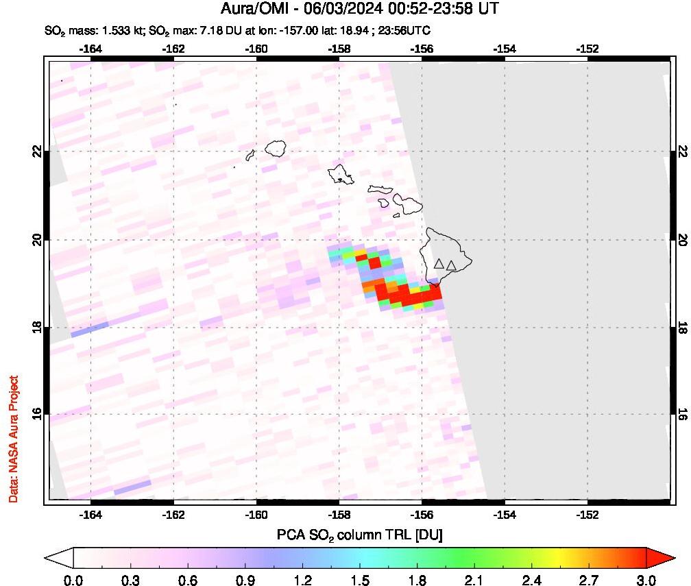 A sulfur dioxide image over Hawaii, USA on Jun 03, 2024.