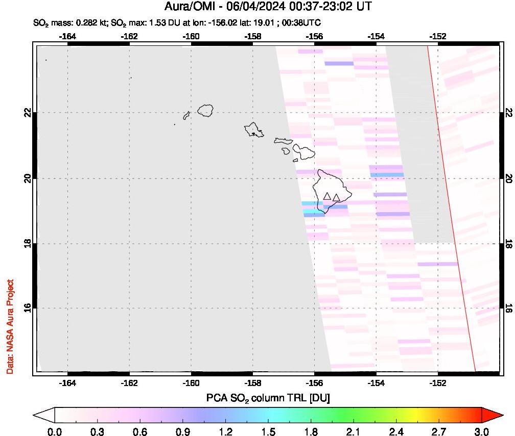 A sulfur dioxide image over Hawaii, USA on Jun 04, 2024.