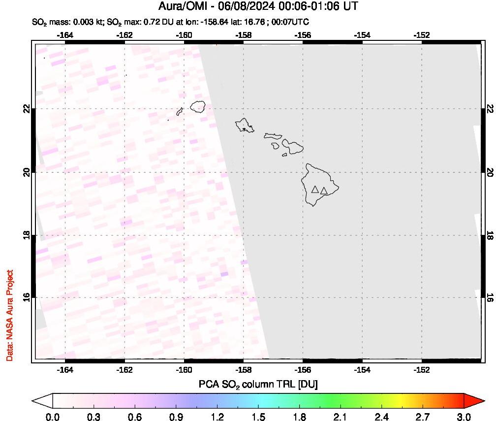 A sulfur dioxide image over Hawaii, USA on Jun 08, 2024.