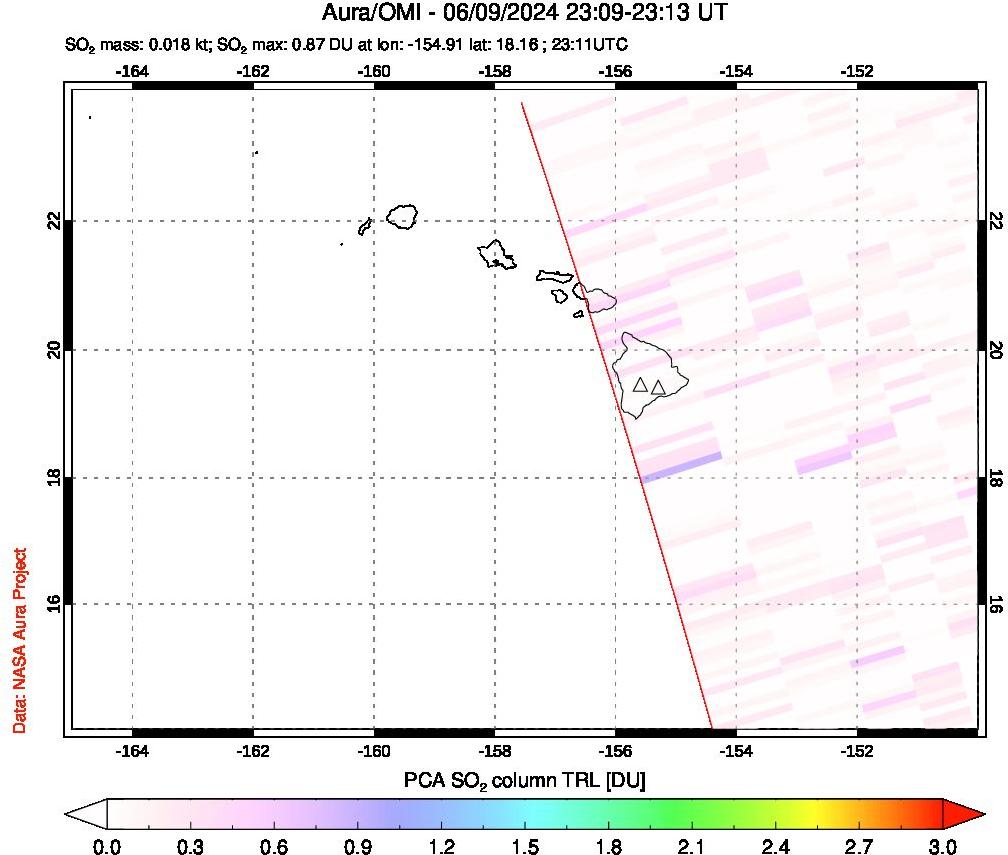 A sulfur dioxide image over Hawaii, USA on Jun 09, 2024.