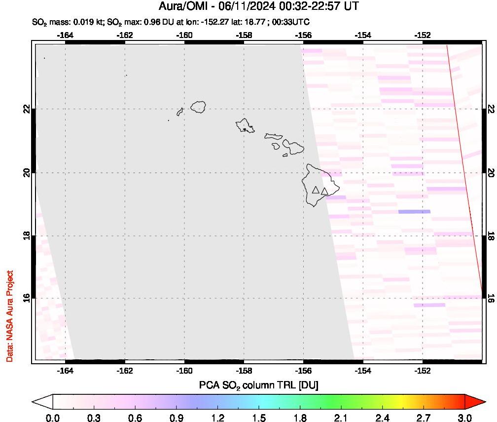 A sulfur dioxide image over Hawaii, USA on Jun 11, 2024.