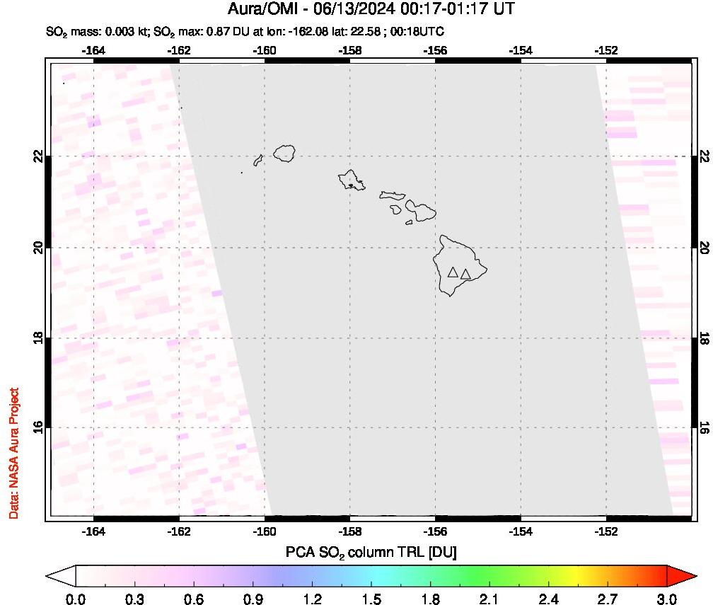 A sulfur dioxide image over Hawaii, USA on Jun 13, 2024.