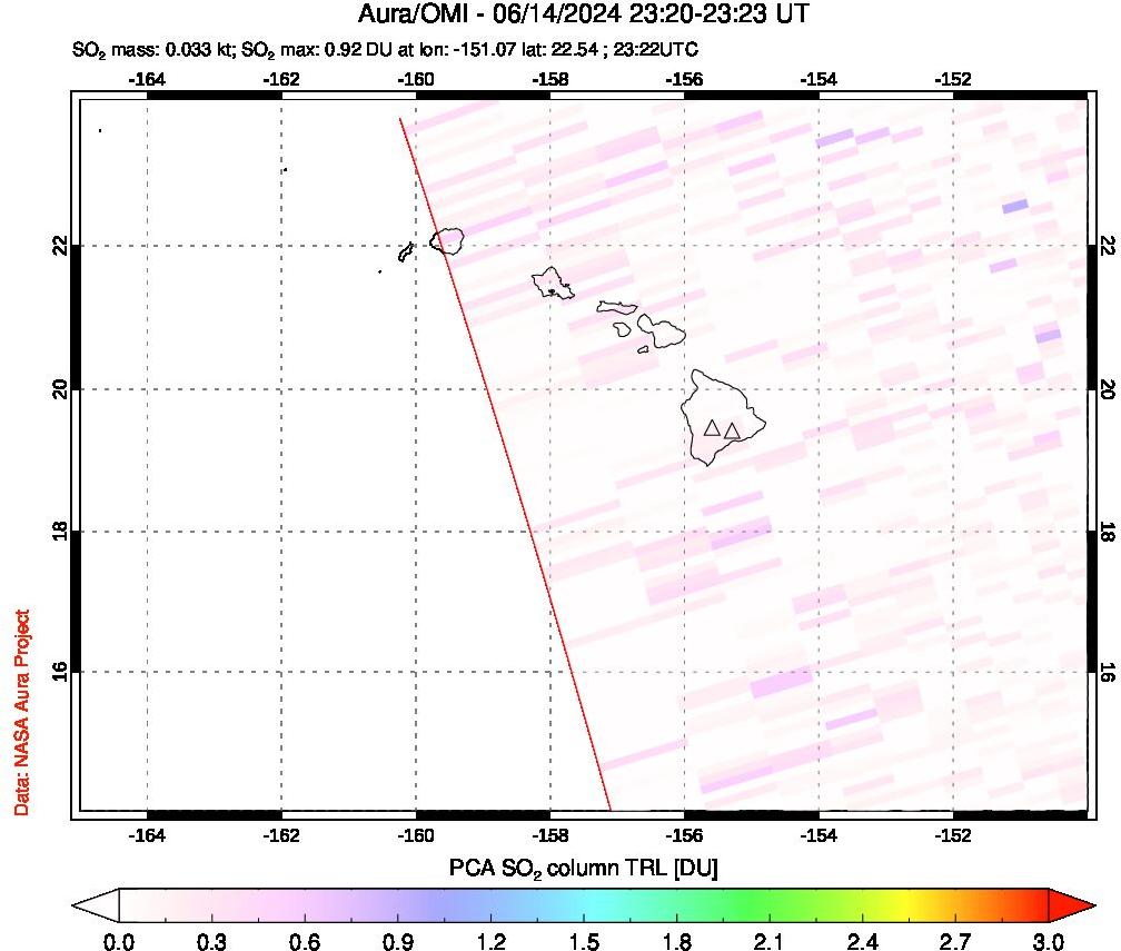 A sulfur dioxide image over Hawaii, USA on Jun 14, 2024.