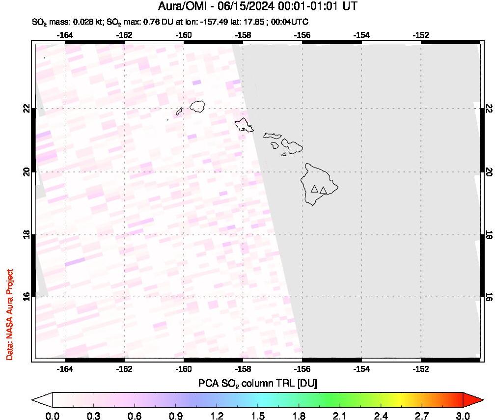 A sulfur dioxide image over Hawaii, USA on Jun 15, 2024.