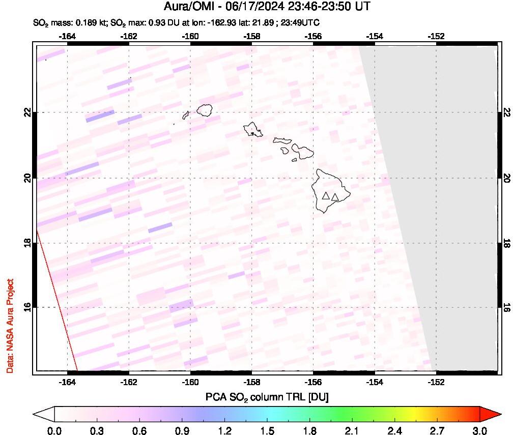 A sulfur dioxide image over Hawaii, USA on Jun 17, 2024.