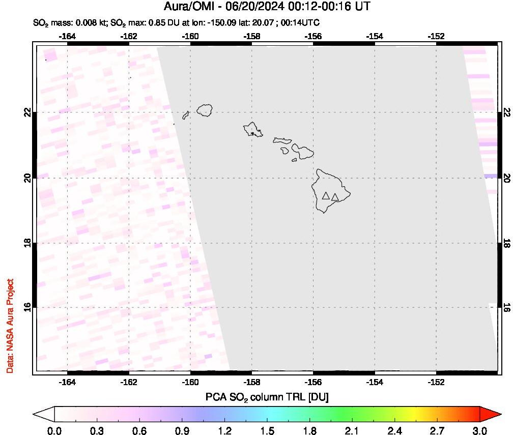 A sulfur dioxide image over Hawaii, USA on Jun 20, 2024.