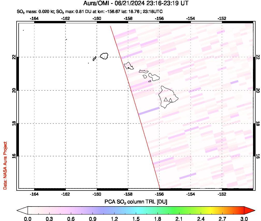 A sulfur dioxide image over Hawaii, USA on Jun 21, 2024.