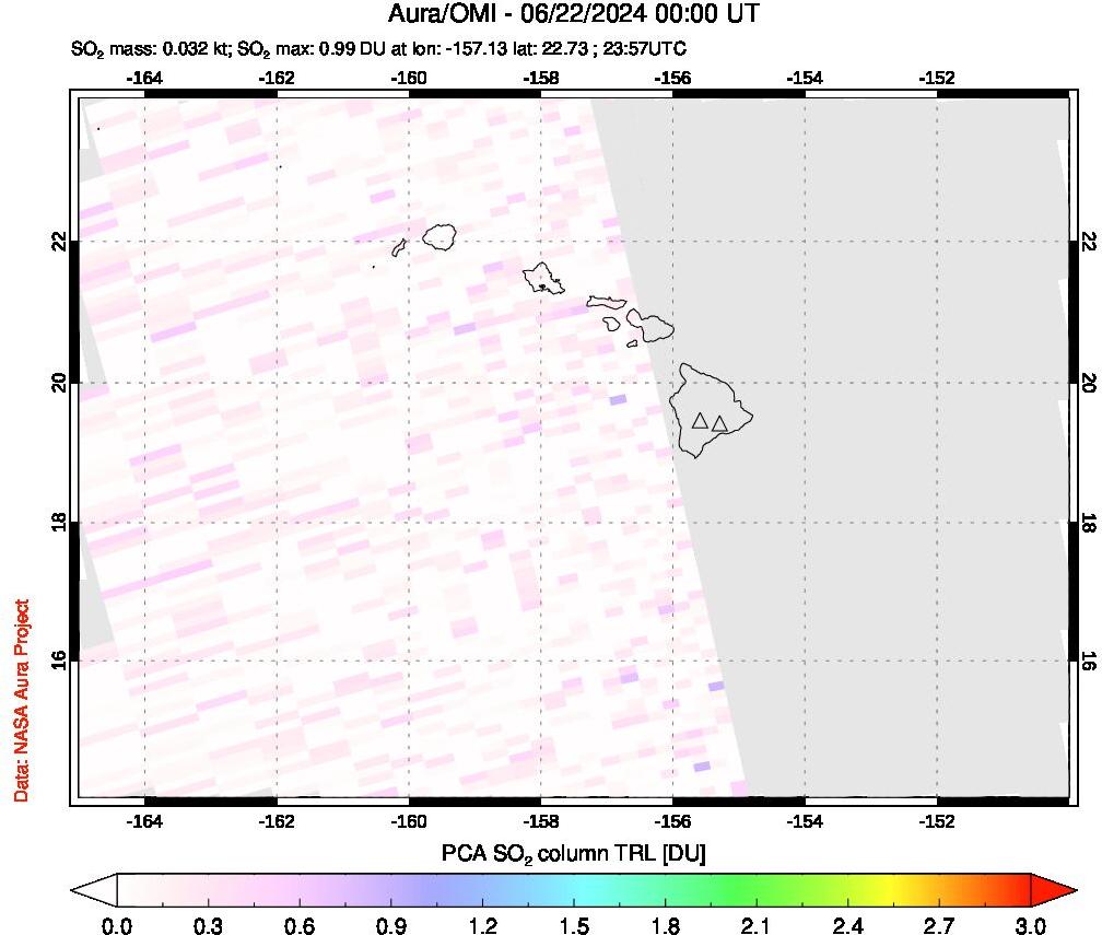 A sulfur dioxide image over Hawaii, USA on Jun 22, 2024.