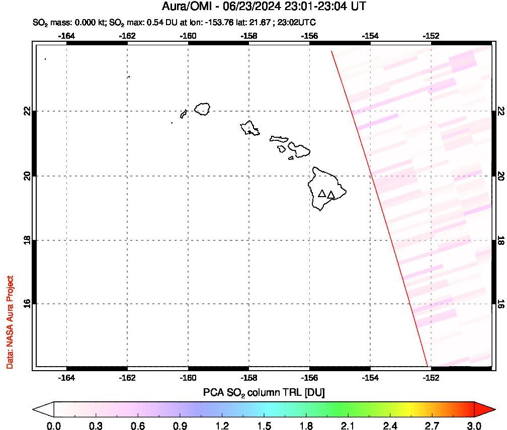 A sulfur dioxide image over Hawaii, USA on Jun 23, 2024.