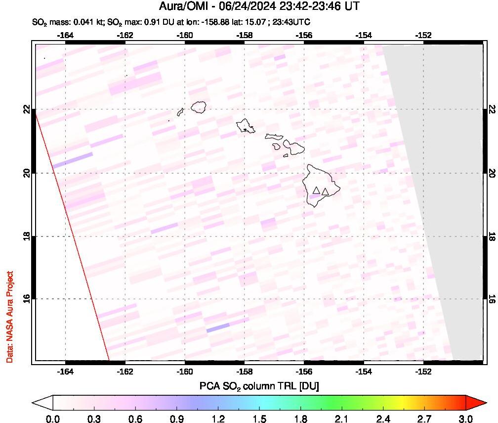 A sulfur dioxide image over Hawaii, USA on Jun 24, 2024.