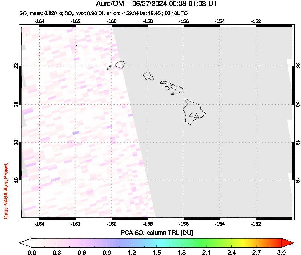 A sulfur dioxide image over Hawaii, USA on Jun 27, 2024.