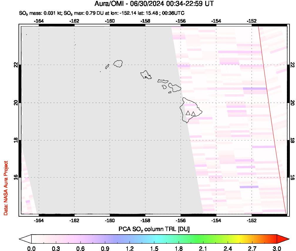 A sulfur dioxide image over Hawaii, USA on Jun 30, 2024.