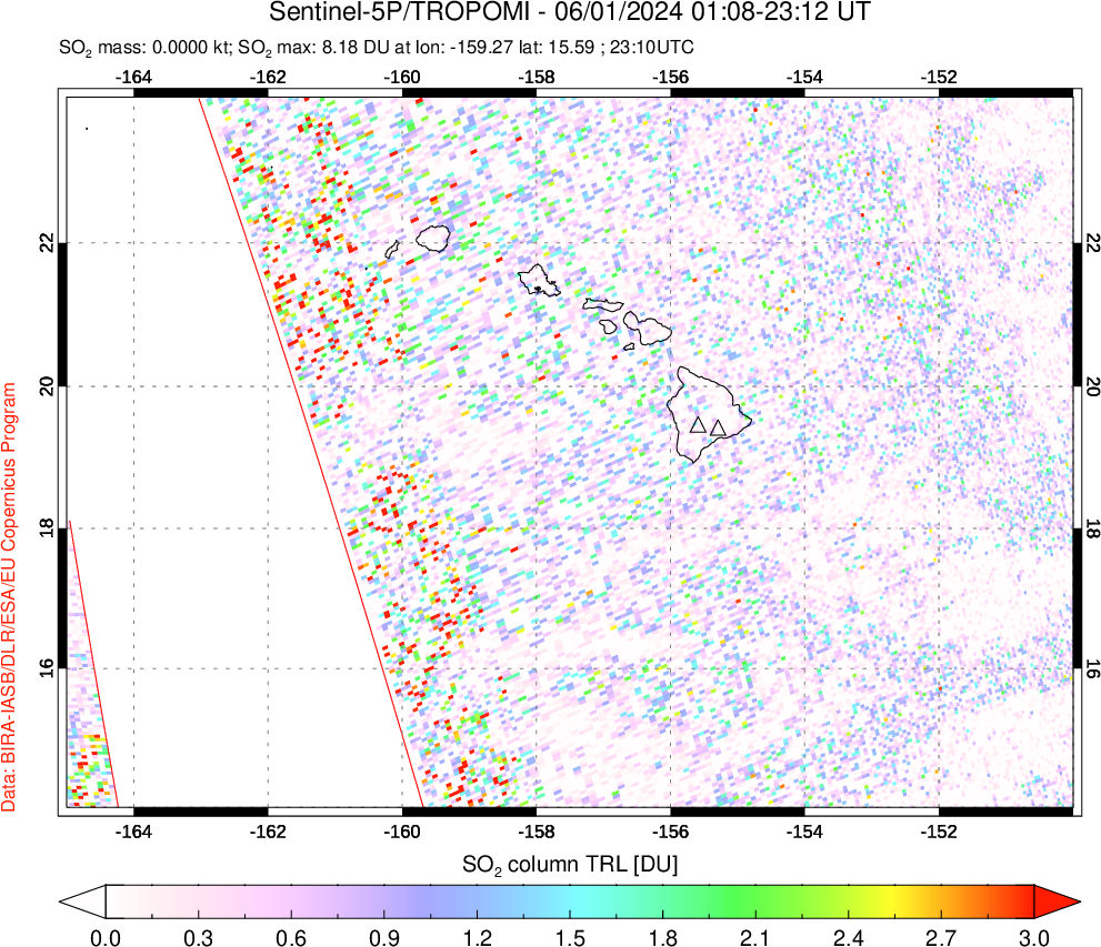 A sulfur dioxide image over Hawaii, USA on Jun 01, 2024.