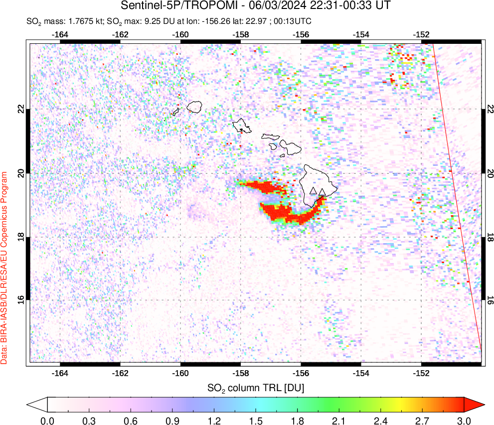 A sulfur dioxide image over Hawaii, USA on Jun 03, 2024.