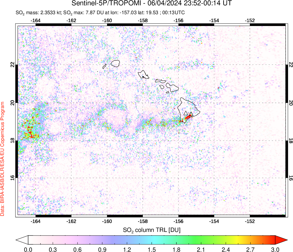 A sulfur dioxide image over Hawaii, USA on Jun 04, 2024.