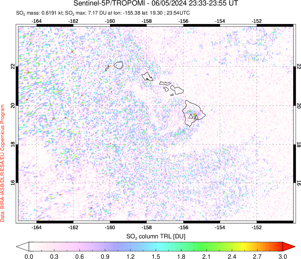 A sulfur dioxide image over Hawaii, USA on Jun 05, 2024.