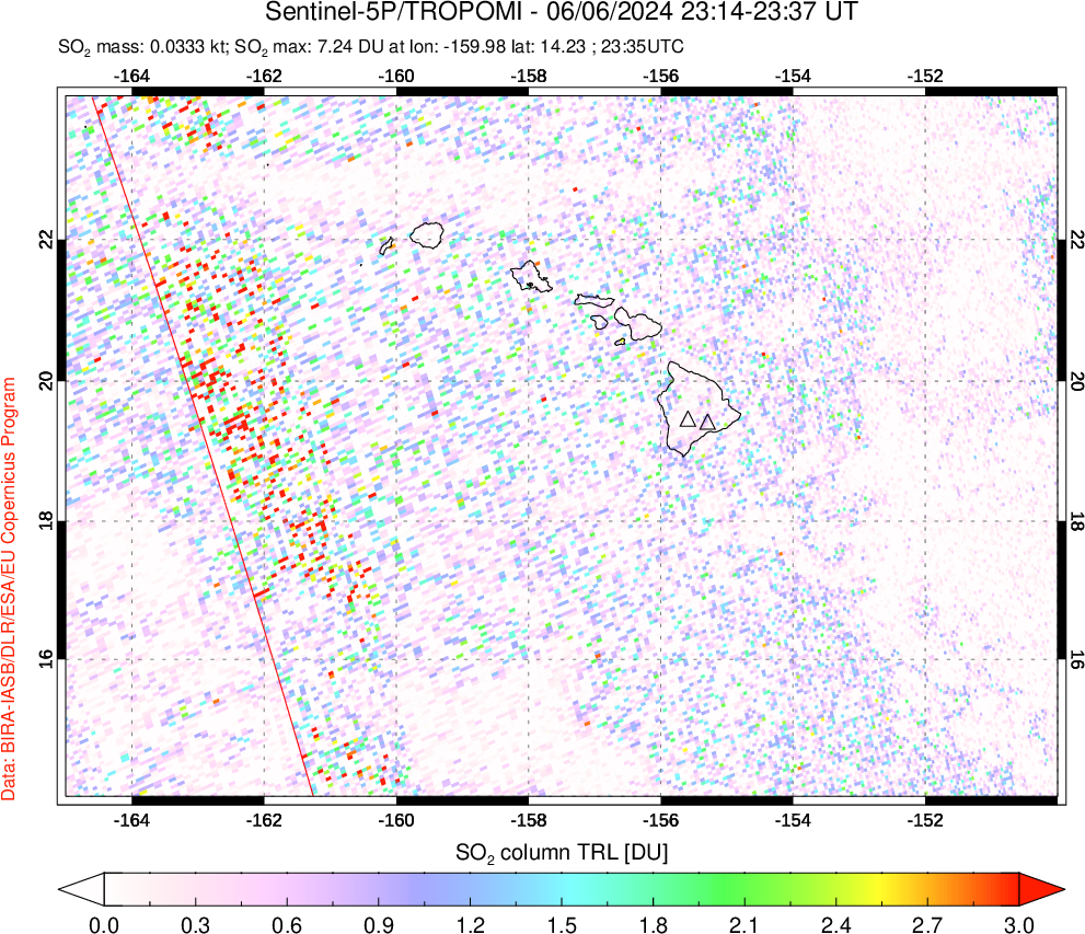 A sulfur dioxide image over Hawaii, USA on Jun 06, 2024.