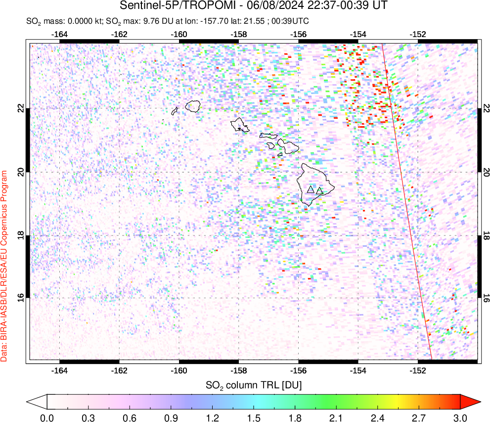 A sulfur dioxide image over Hawaii, USA on Jun 08, 2024.