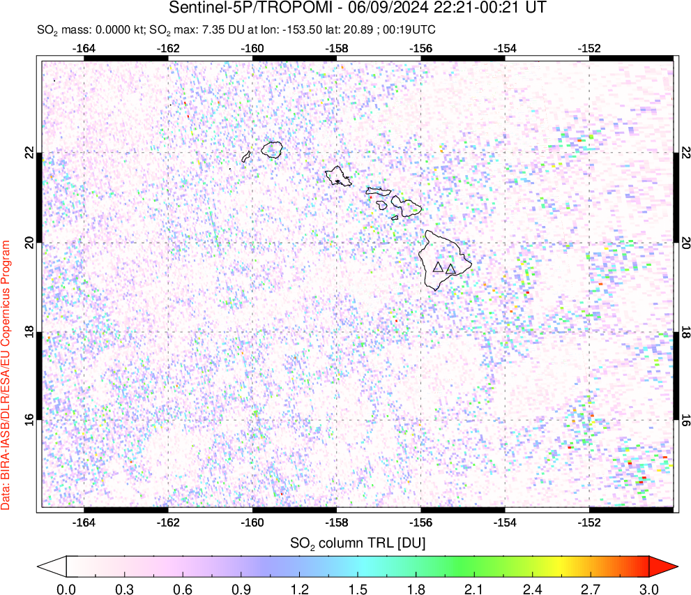 A sulfur dioxide image over Hawaii, USA on Jun 09, 2024.