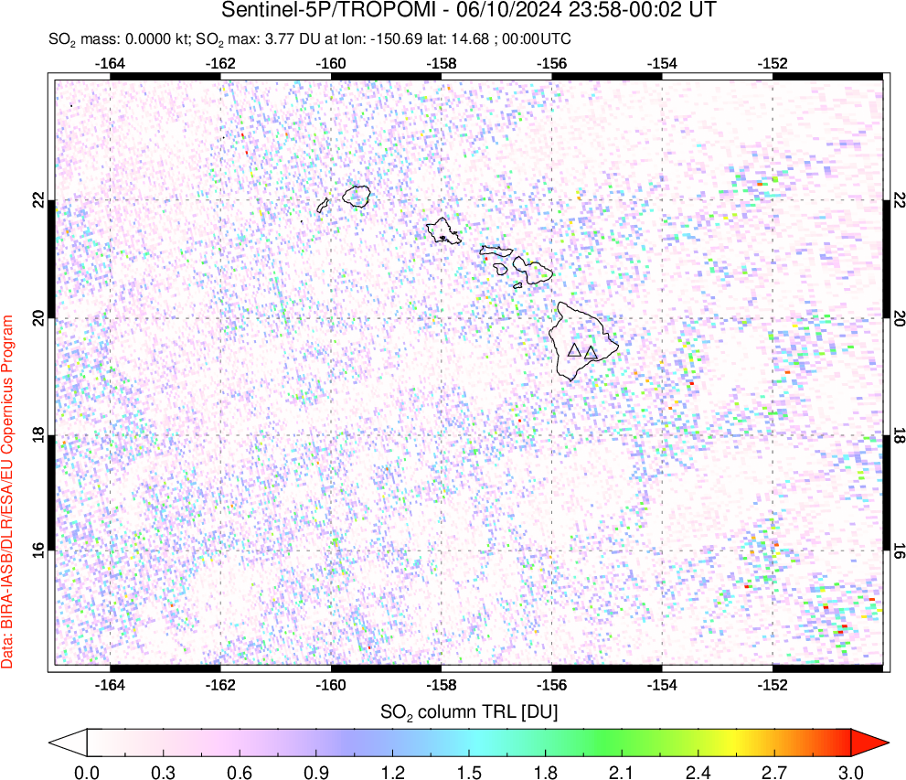 A sulfur dioxide image over Hawaii, USA on Jun 10, 2024.