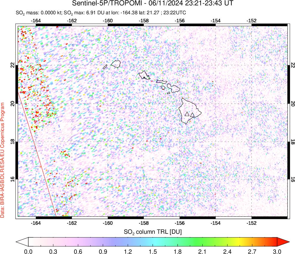 A sulfur dioxide image over Hawaii, USA on Jun 11, 2024.